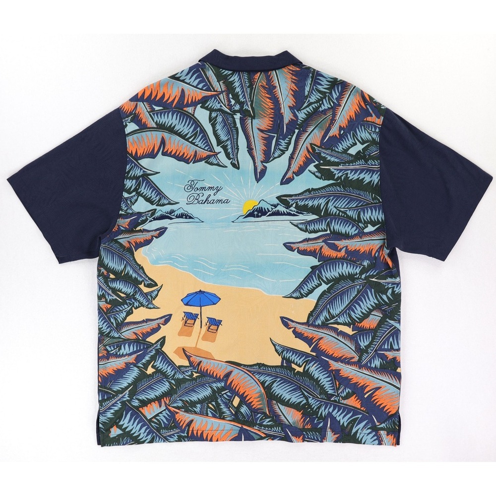 Tommy Bahama Shirt Mens XL Blue Silk Beach Scene Short Sleeve Hawaiian Aloha